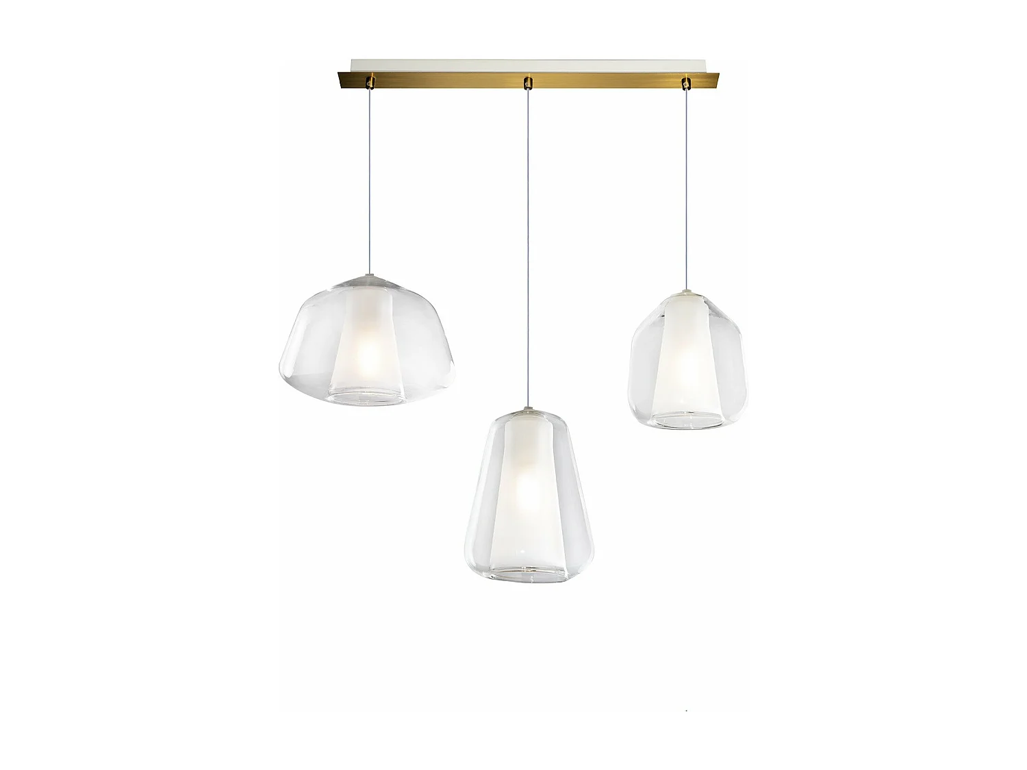 Sospensione Contemp. Rett. Double Skin Metallo Ottone Vetro Mix Trasp. 3 Luci
