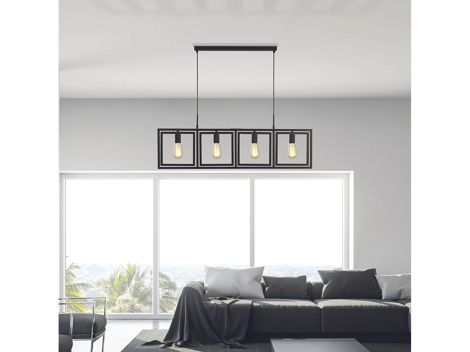 Lampadario Contemporaneo Plaza Acciaio Nero 4 Luci E27