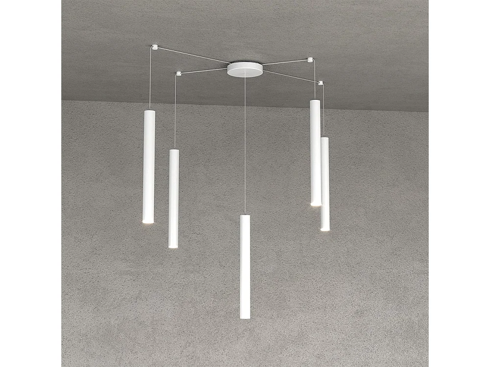Round Tube Sospensione 5 Luci Bianco Cavo Cm.250 Con Base