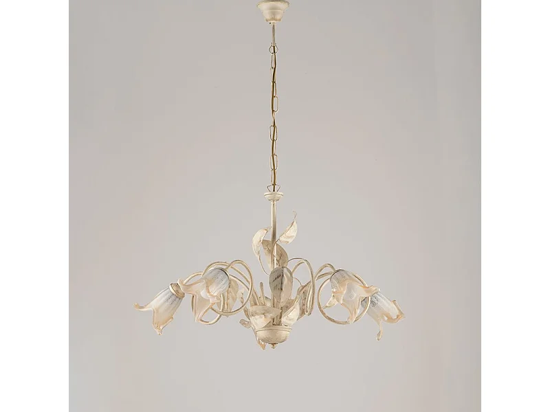 Lampadario Classico 5Luci Foglie in Ferro Battuto Vetro Avorio Oro Serie Limone
