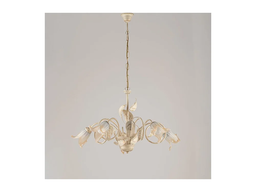 Lampadario Classico 5Luci Foglie in Ferro Battuto Vetro Avorio Oro Serie Limone