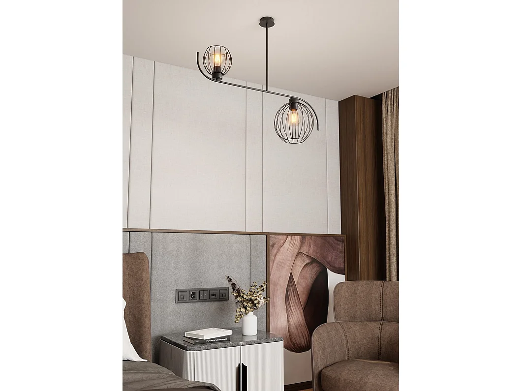 Lampadario Industrial 2 Luci Echo In Acciaio Nero Paralumi A Gabbia