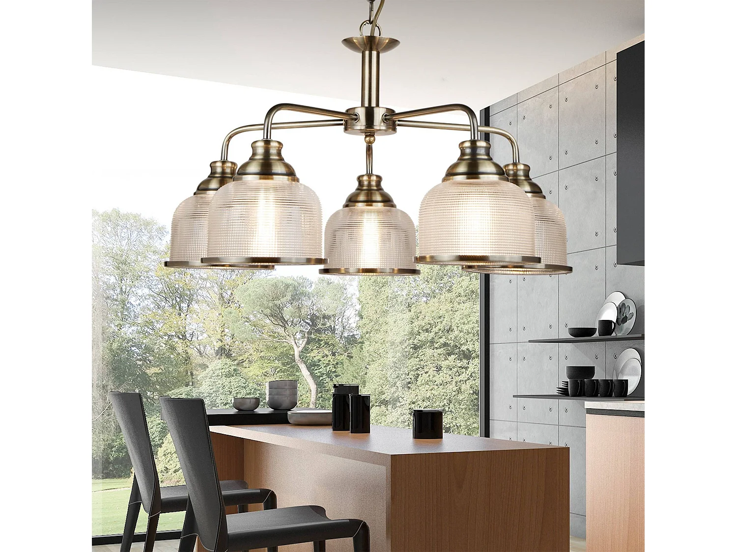 Searchlight Bistro - Sospensione a soffitto a 5 luci multibraccio bianco, ottone antico, attacco E27