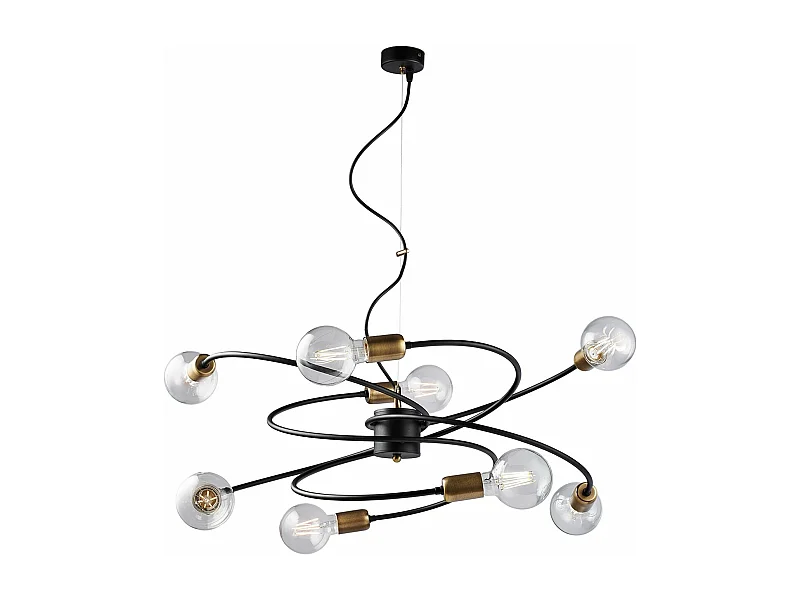 Suspension Vortex noire, finitions laiton brossé, câble acier orientable, 8 lumières d.70 cm, style industriel