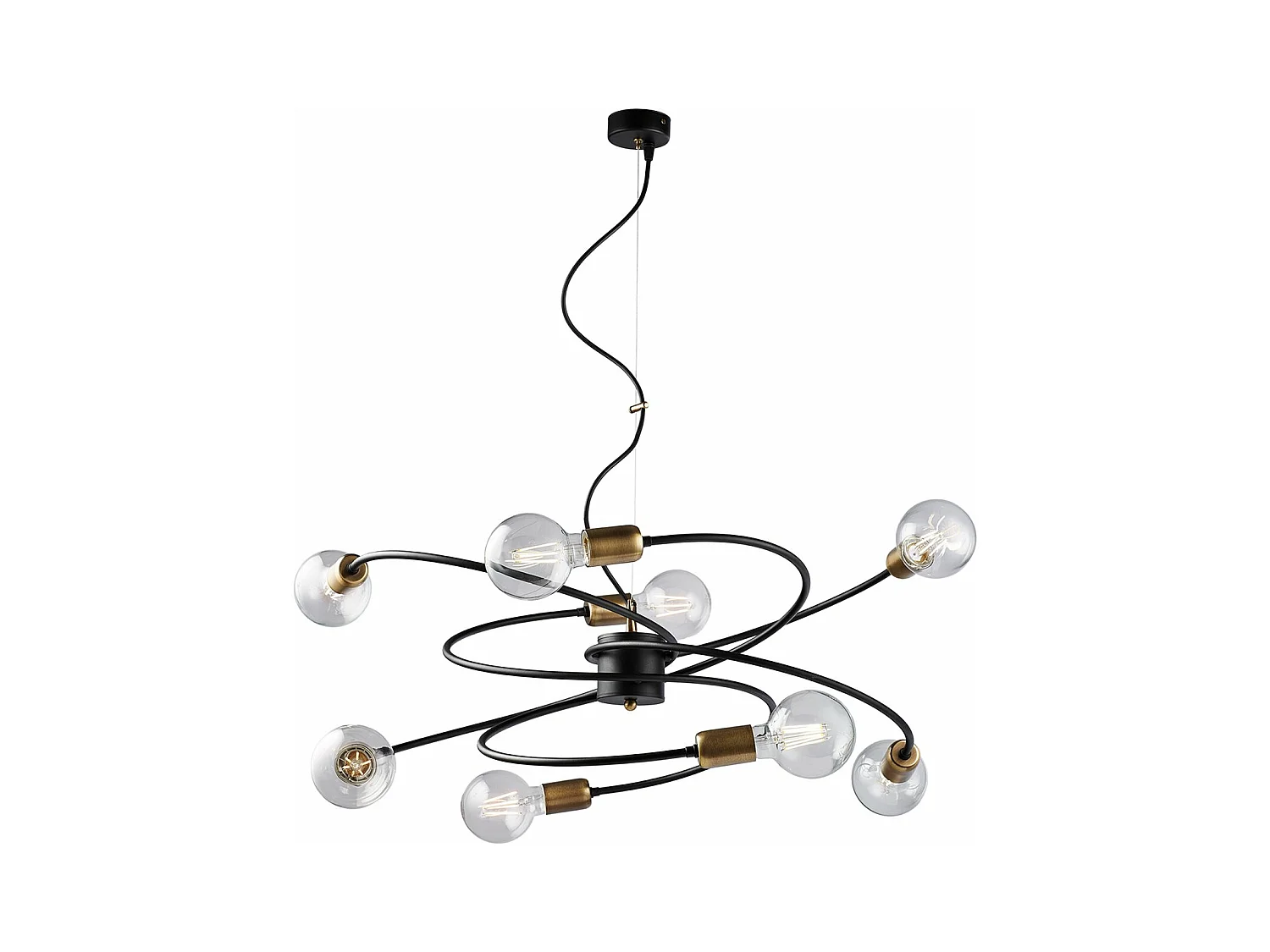 Suspension Vortex noire, finitions laiton brossé, câble acier orientable, 8 lumières d.70 cm, style industriel