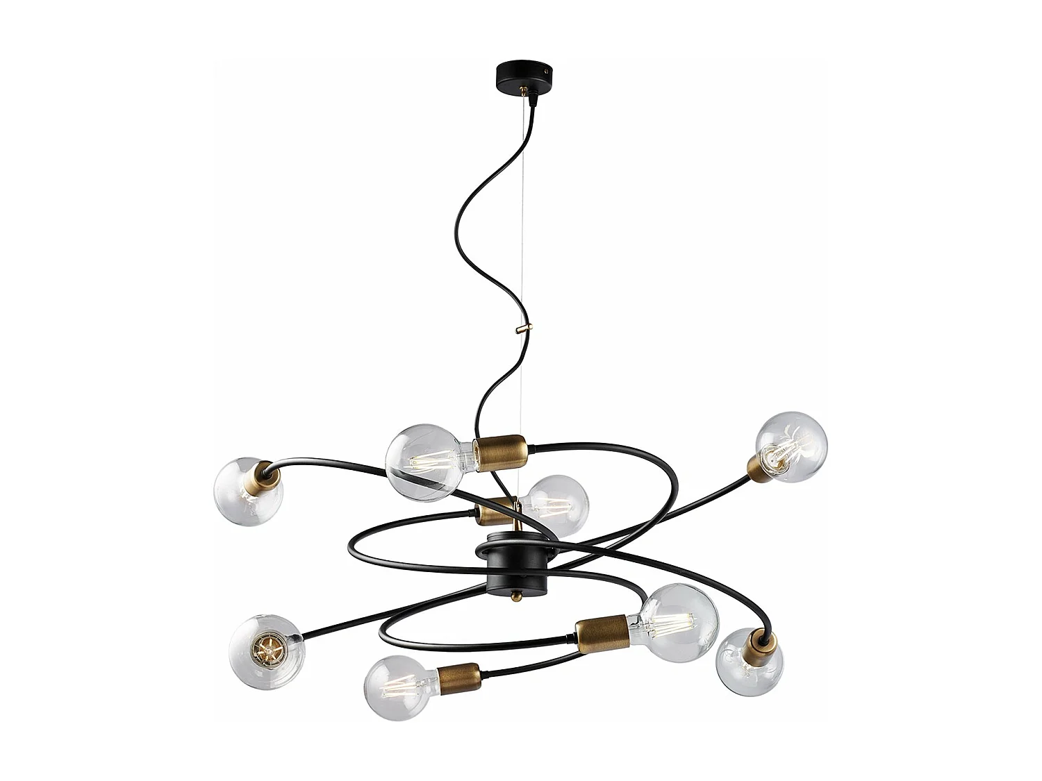 Suspension Vortex noire, finitions laiton brossé, câble acier orientable, 8 lumières d.70 cm, style industriel