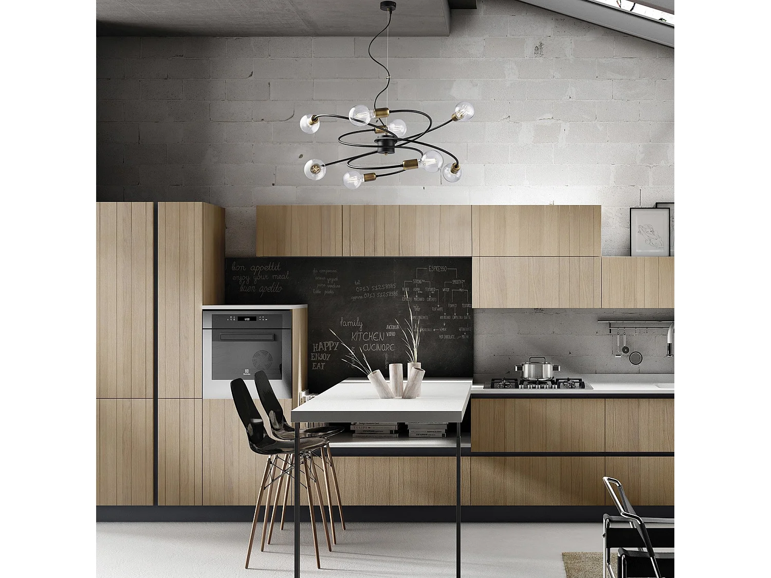 Suspension Vortex noire, finitions laiton brossé, câble acier orientable, 8 lumières d.70 cm, style industriel