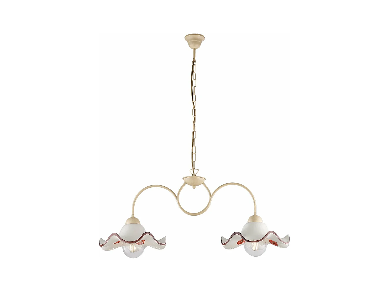 Lustre Anémone fer ivoire, effet décapé, diffuseurs céramique d.30 blanc/marron, 2 lumières, déco champêtre chaleureuse