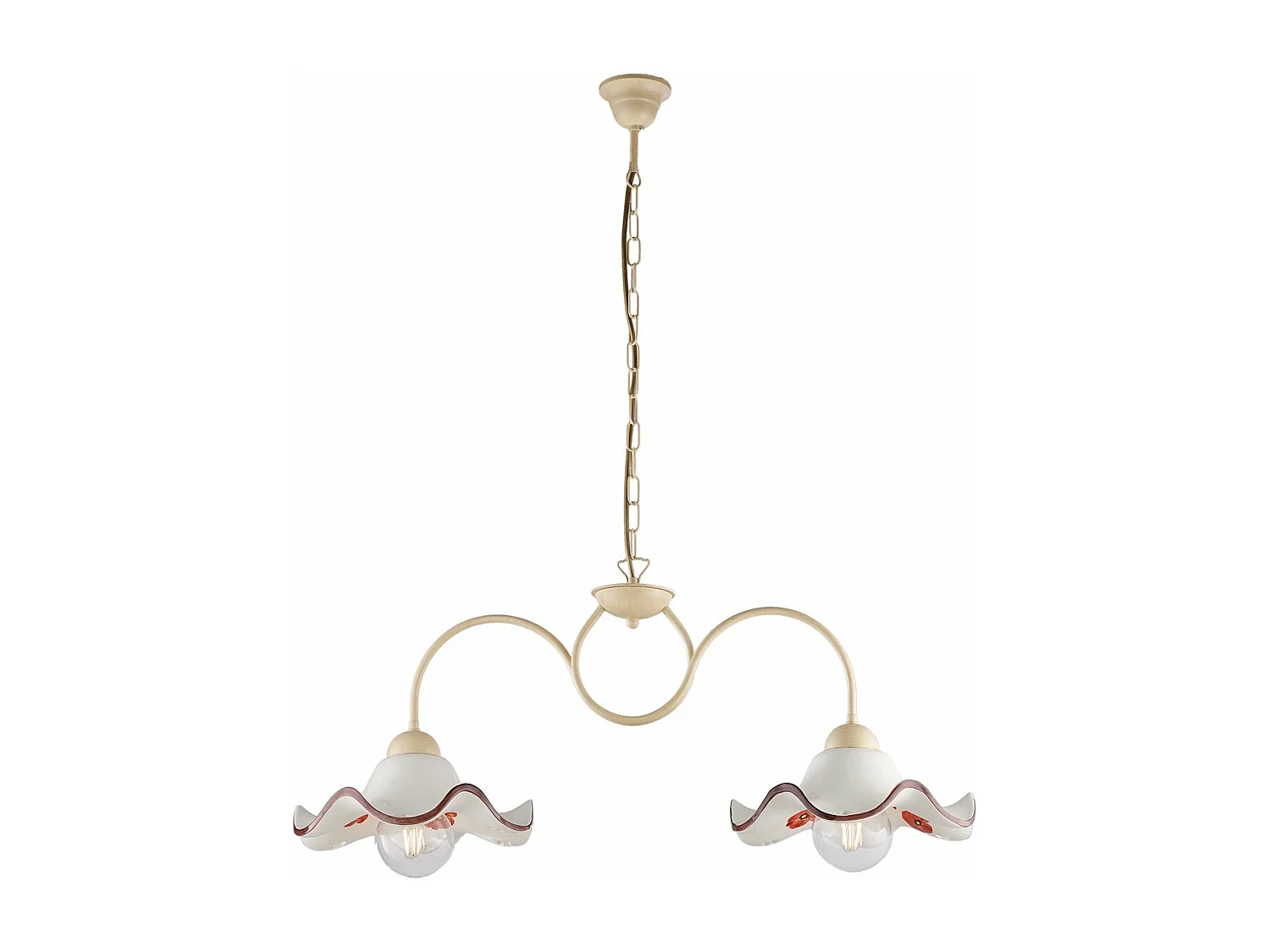 Lustre Anémone fer ivoire, effet décapé, diffuseurs céramique d.30 blanc/marron, 2 lumières, déco champêtre chaleureuse