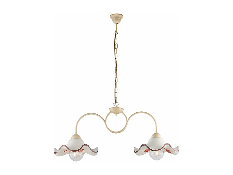 Lustre Anêmona em ferro marfim e dec. efeito decapado com difusores cerâmicos d. 30 branco e marrom 2 luzes L. 81 X 30