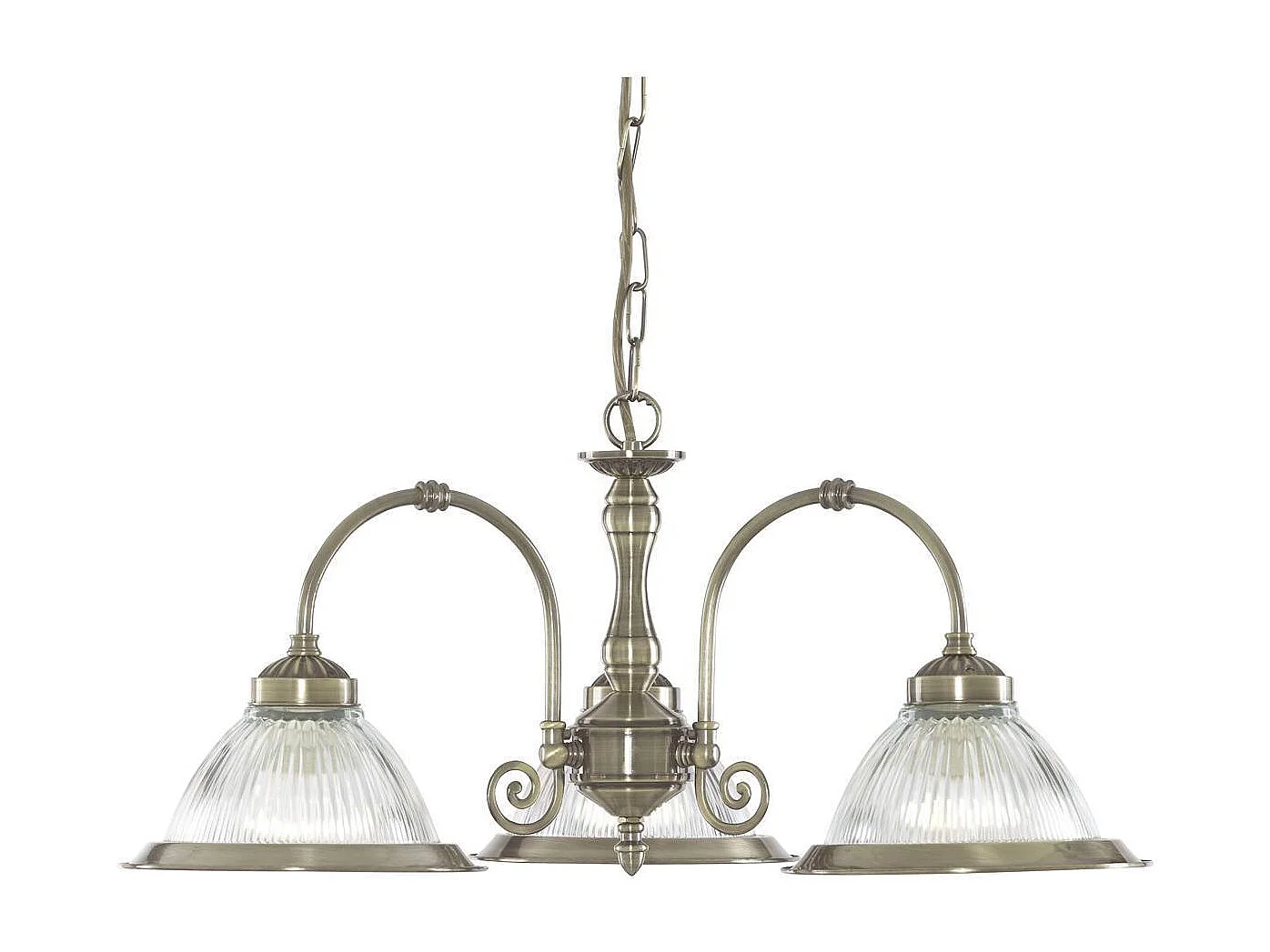 Searchlight American Diner Luminaire suspendu à 3 ampoules à bras multiples, laiton antique, verre nervuré, E27