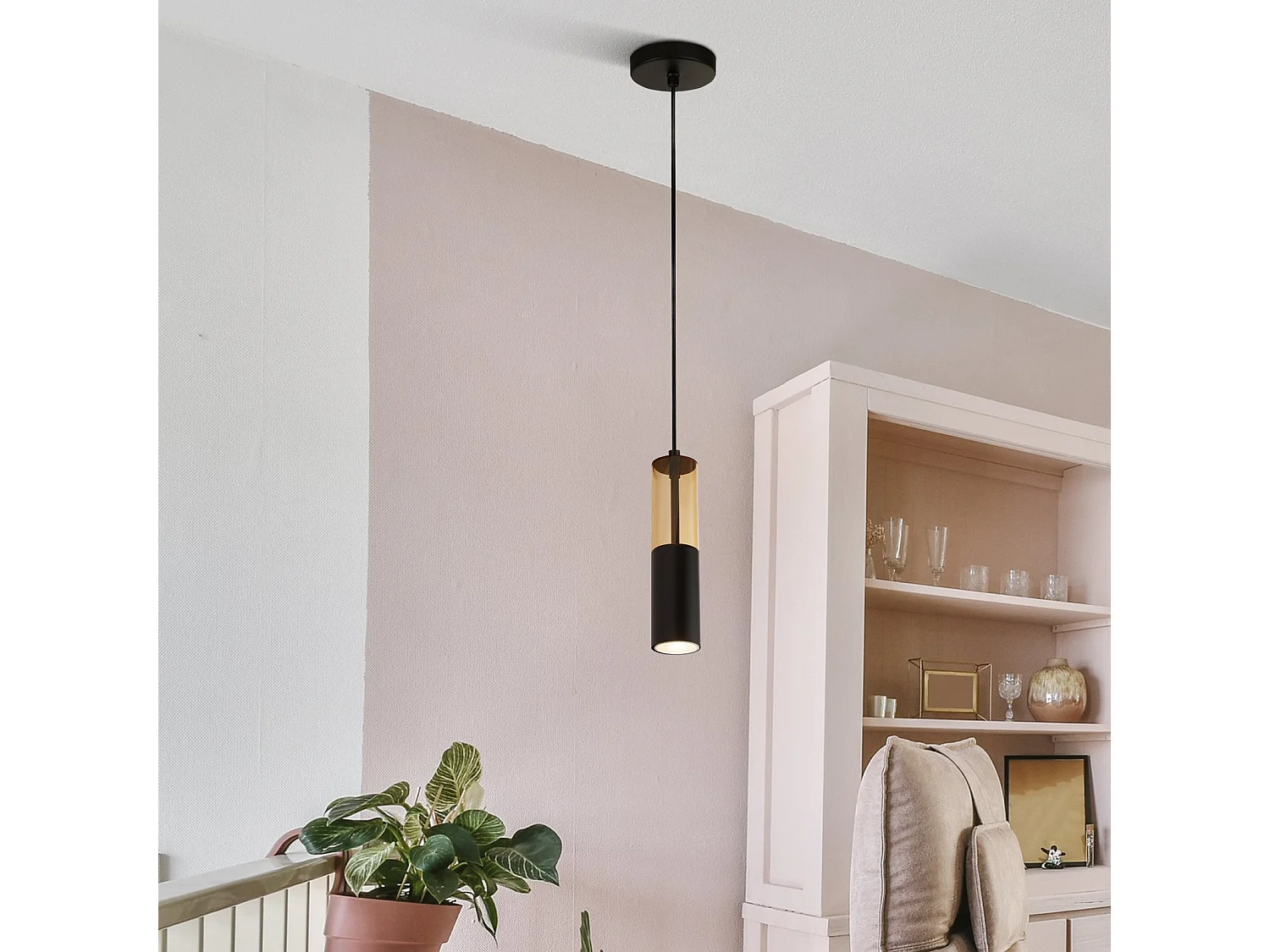 Sospensione Moderna Merrygold Acciaio Nero Ambra 1 Luce Gu10