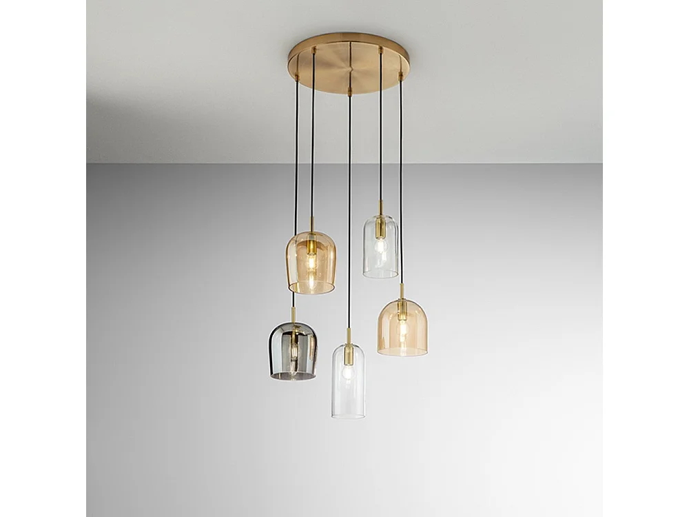 Lampadario Contemporaneo Coro Metallo Ottone Brunito Vetro Multicolor 5 Luci E14
