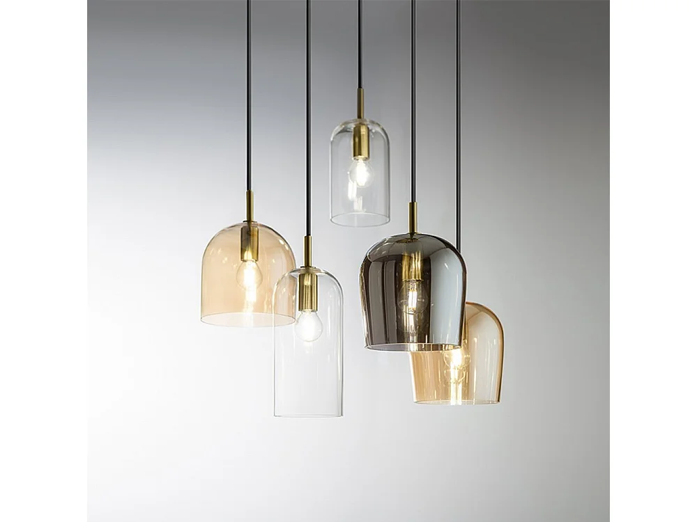 Pendellampe med 5 lyskilder, børstet guld, ravfarvet/røget transparent glas, sorte tekstilkabler, 5xE14 40 W - Perenz