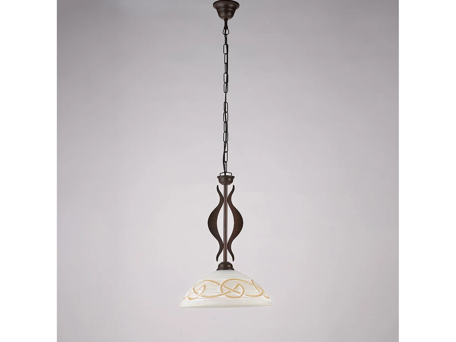 Lustre Bilbao fer noir, déco rouille, diffuseur verre d.30 blanc et ambre, 1 lumière d.30 cm, style rétro