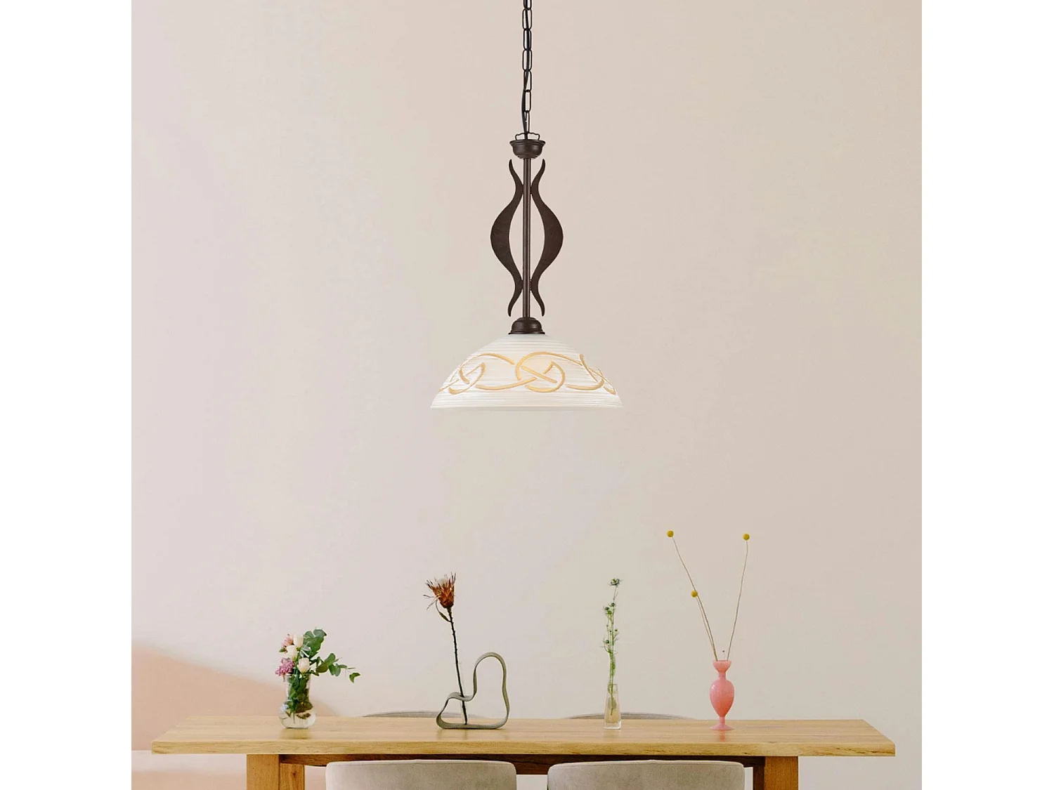 Lustre Bilbao fer noir, déco rouille, diffuseur verre d.30 blanc et ambre, 1 lumière d.30 cm, style rétro