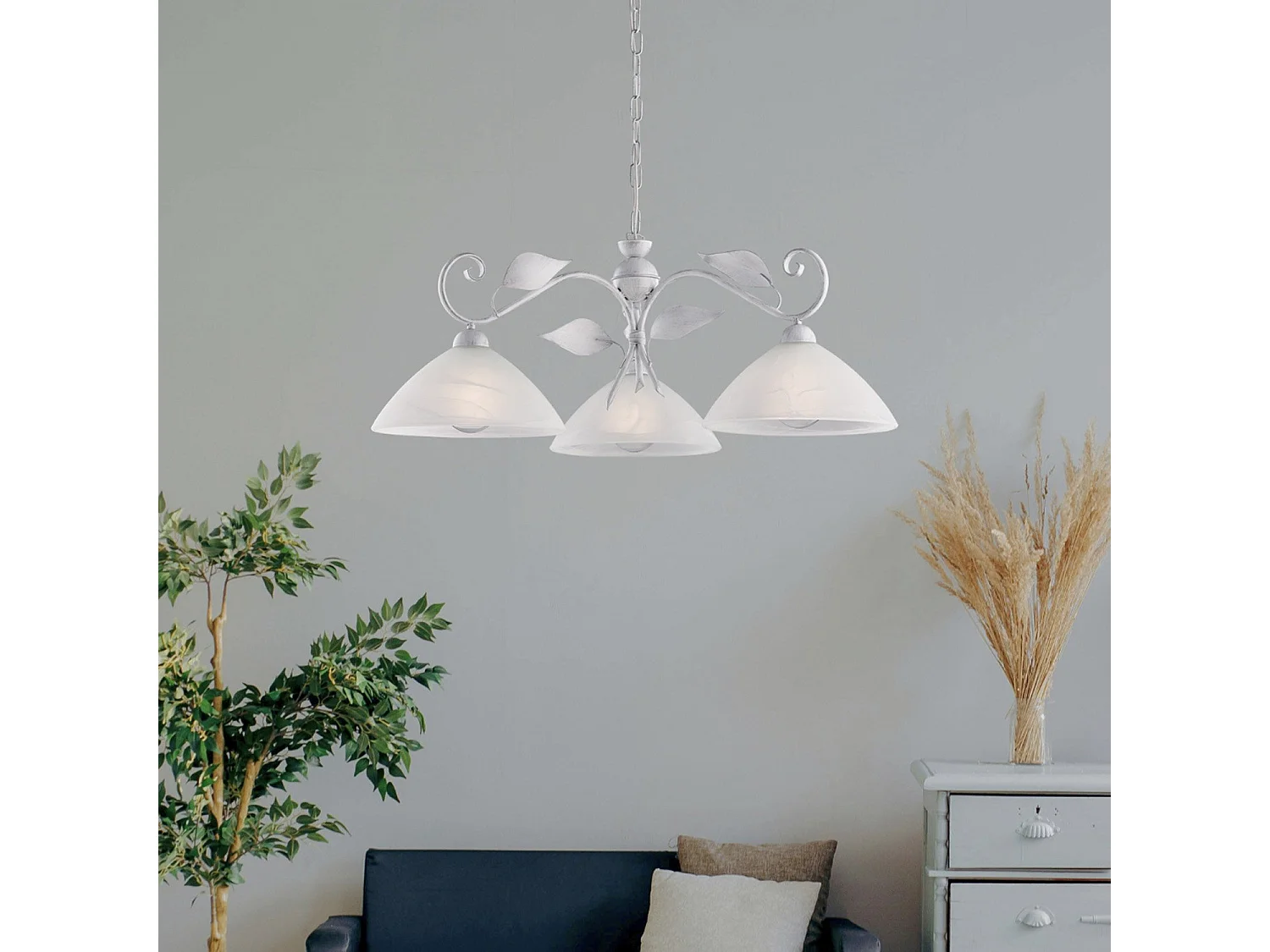 Esse Lustre en fer laqué blanc décor argent antique et verre albâtre blanc diamètre 30, 3 lumières X 96 d.79 BL313-3-BA