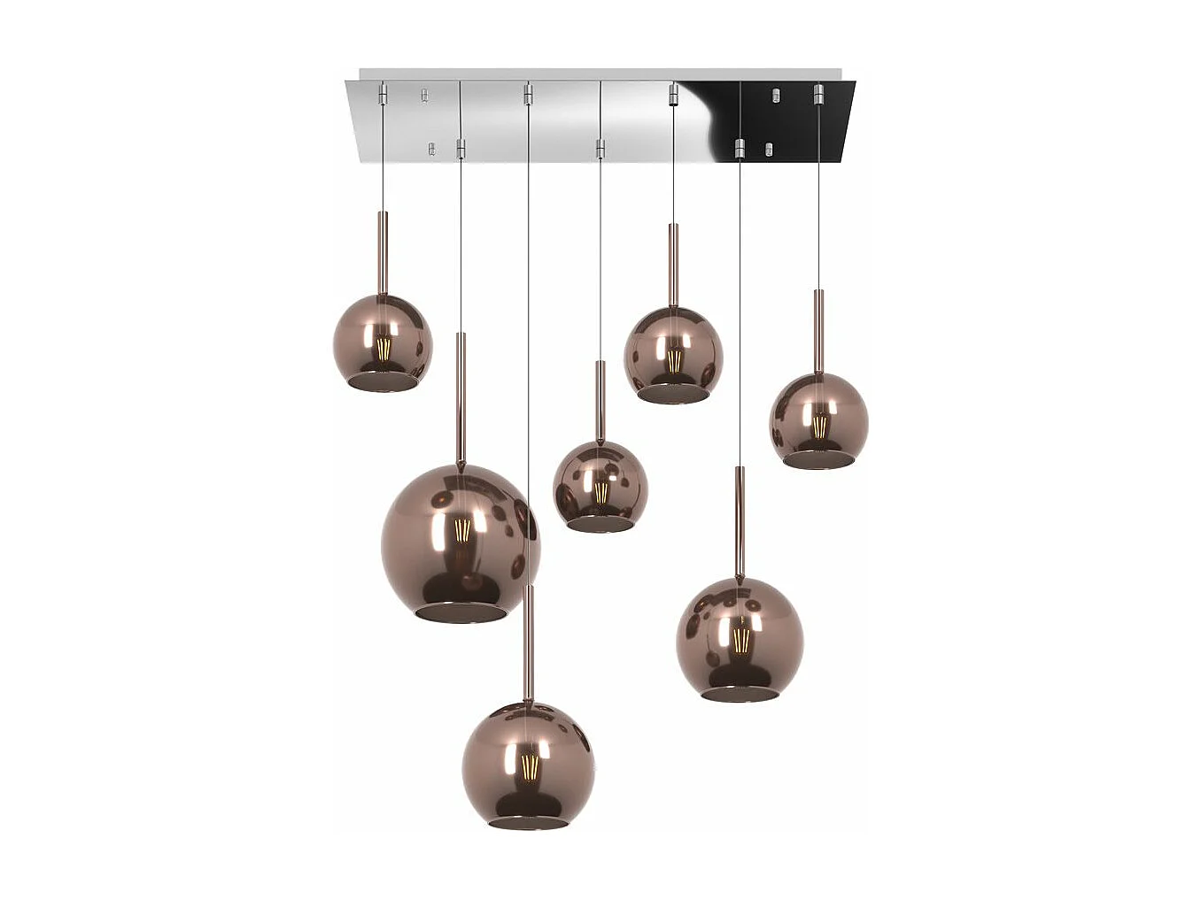 Sosp. Cromo Rettangolare 7 Luci Vetri (1 Grande+2 Medio +4 Piccolo) Tutti Rame