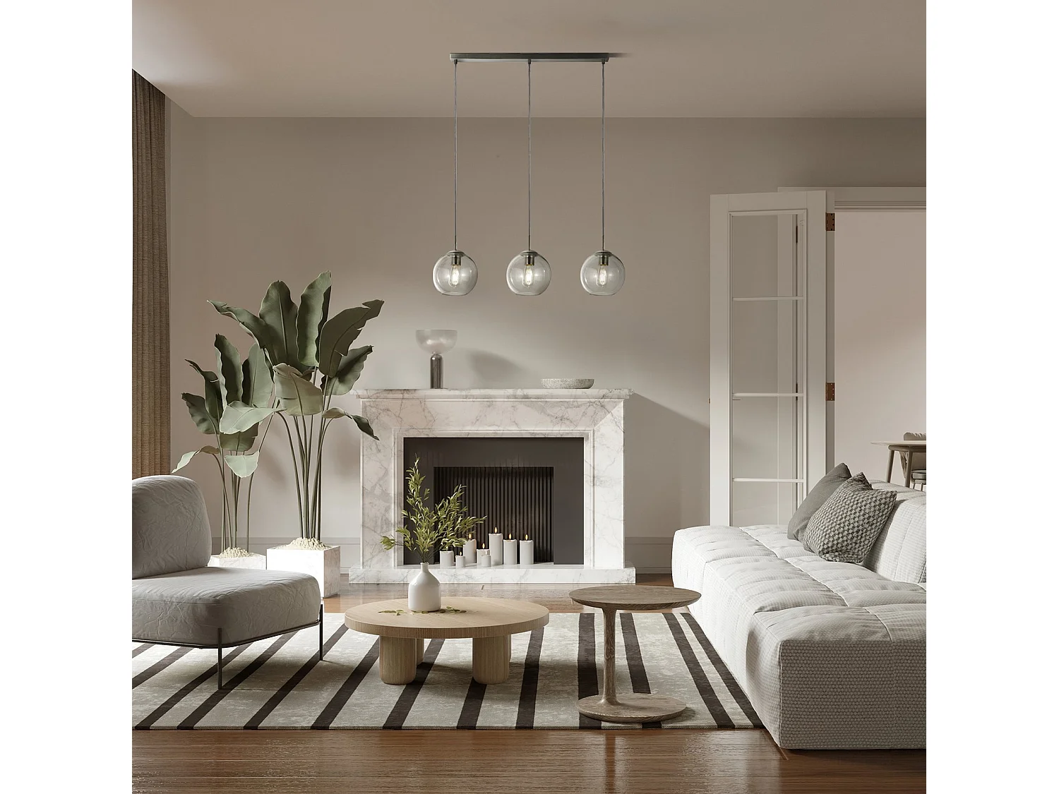 Lampadario Contemporaneo Balls Acciaio Cromo Vetro Trasparente 3 Luci E14