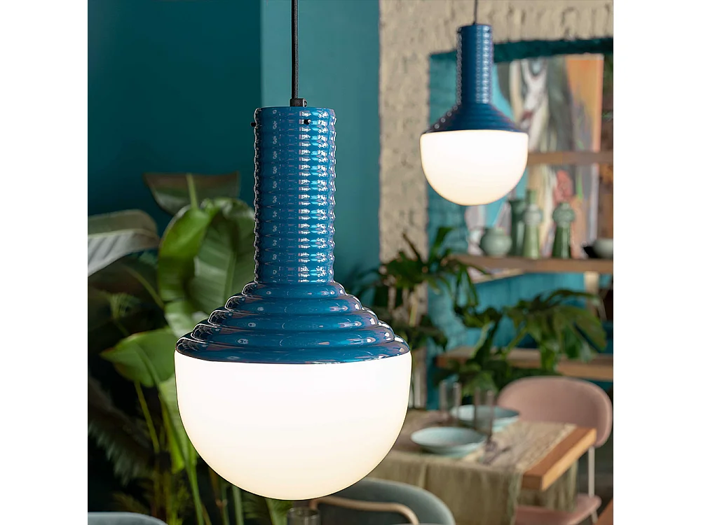 Sospensione Vintage Grande Decò Selaron Ceramica Blu 1 Luce E27
