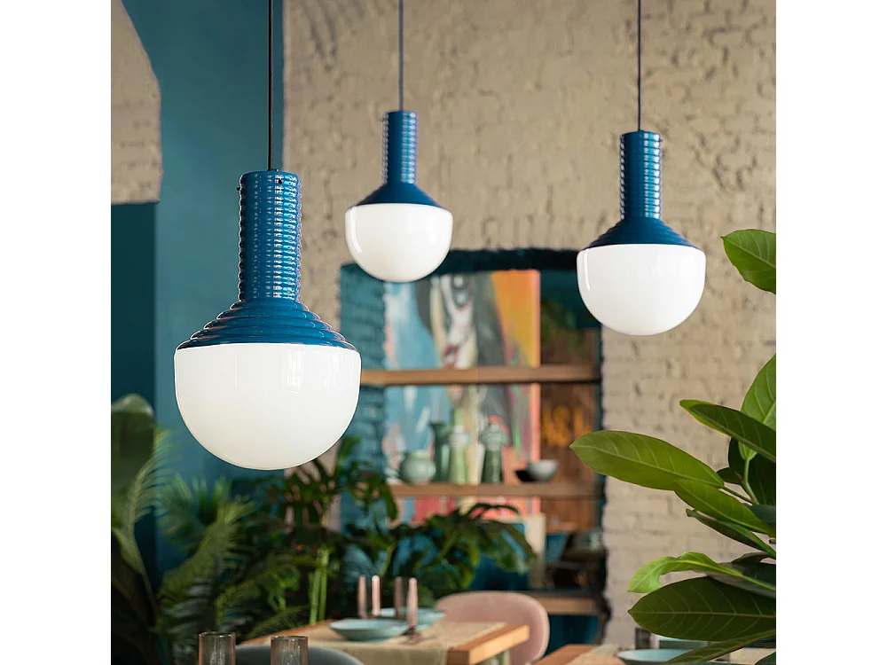Sospensione Vintage Grande Decò Selaron Ceramica Blu 1 Luce E27