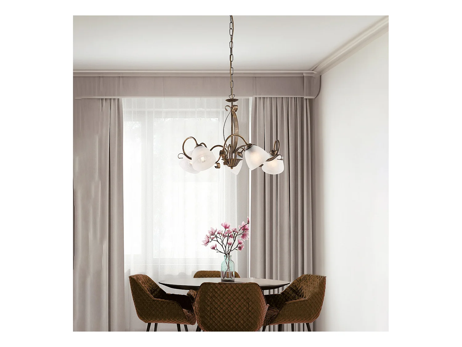 Lámpara de araña forjada en hierro lacado en color marrón con dec. Difusores de oro antiguo y cristal d. 13 alabastro blanco 5 luces 105 Ø64