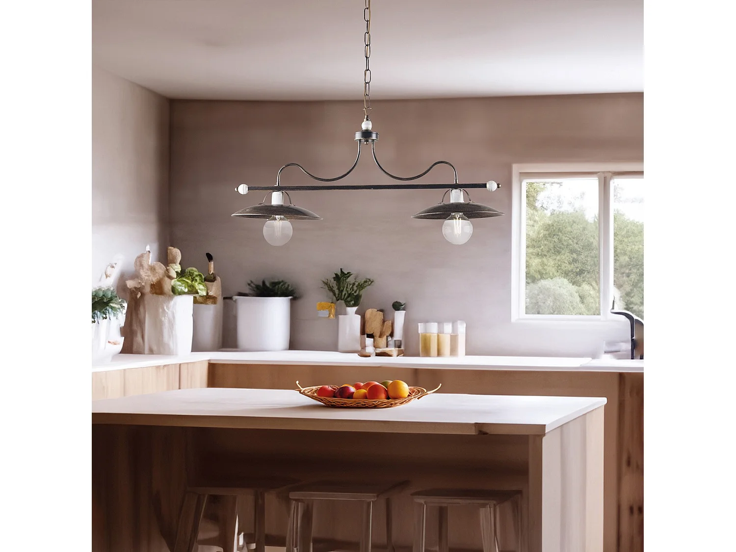 Lustre de Adega em ferro castanho com deco acabamentos em ouro antigo e branco 2 luzes L. 87 X 30 BL234-2-BR