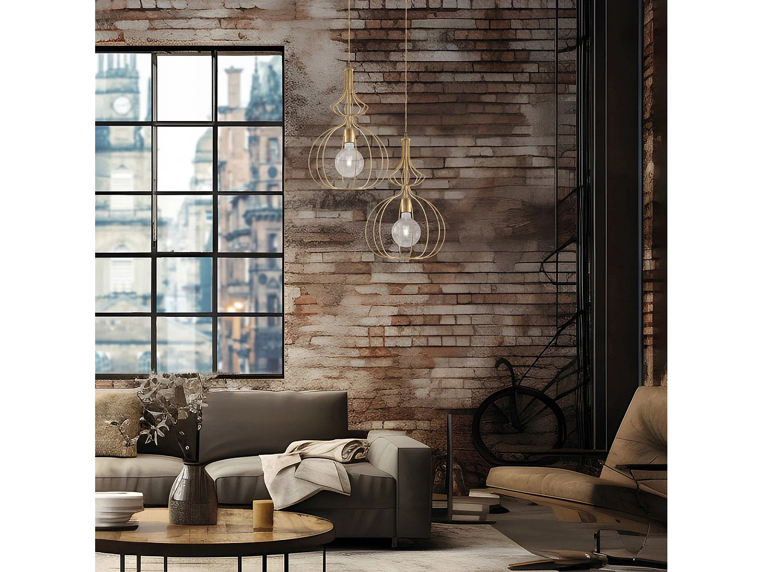 Sospensione Industrial 1 Luce Olimpia Gabbia Ferro Laccato Oro