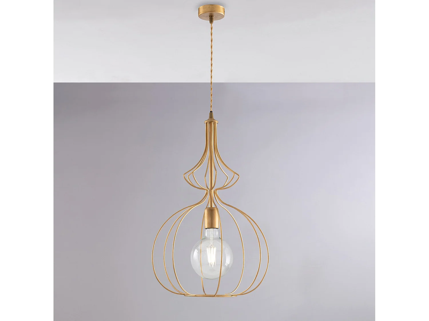 Sospensione Industrial 1 Luce Olimpia Gabbia Ferro Laccato Oro