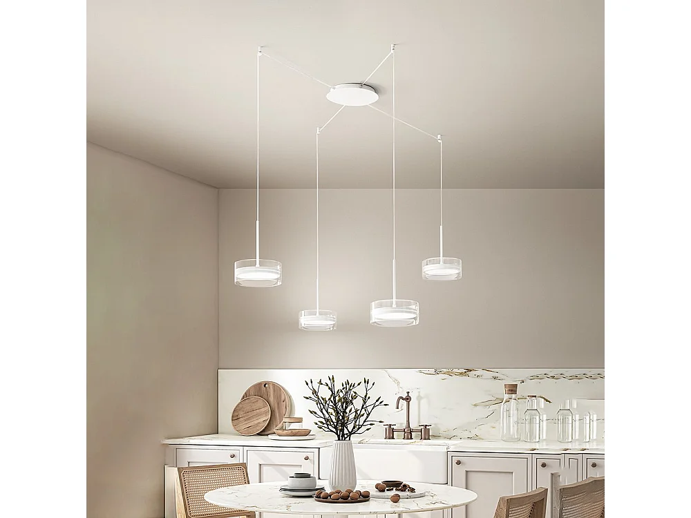 Lampadario Contemporaneo Aere Metallo Bianco Vetro 4 Luci Led 14W 3000K