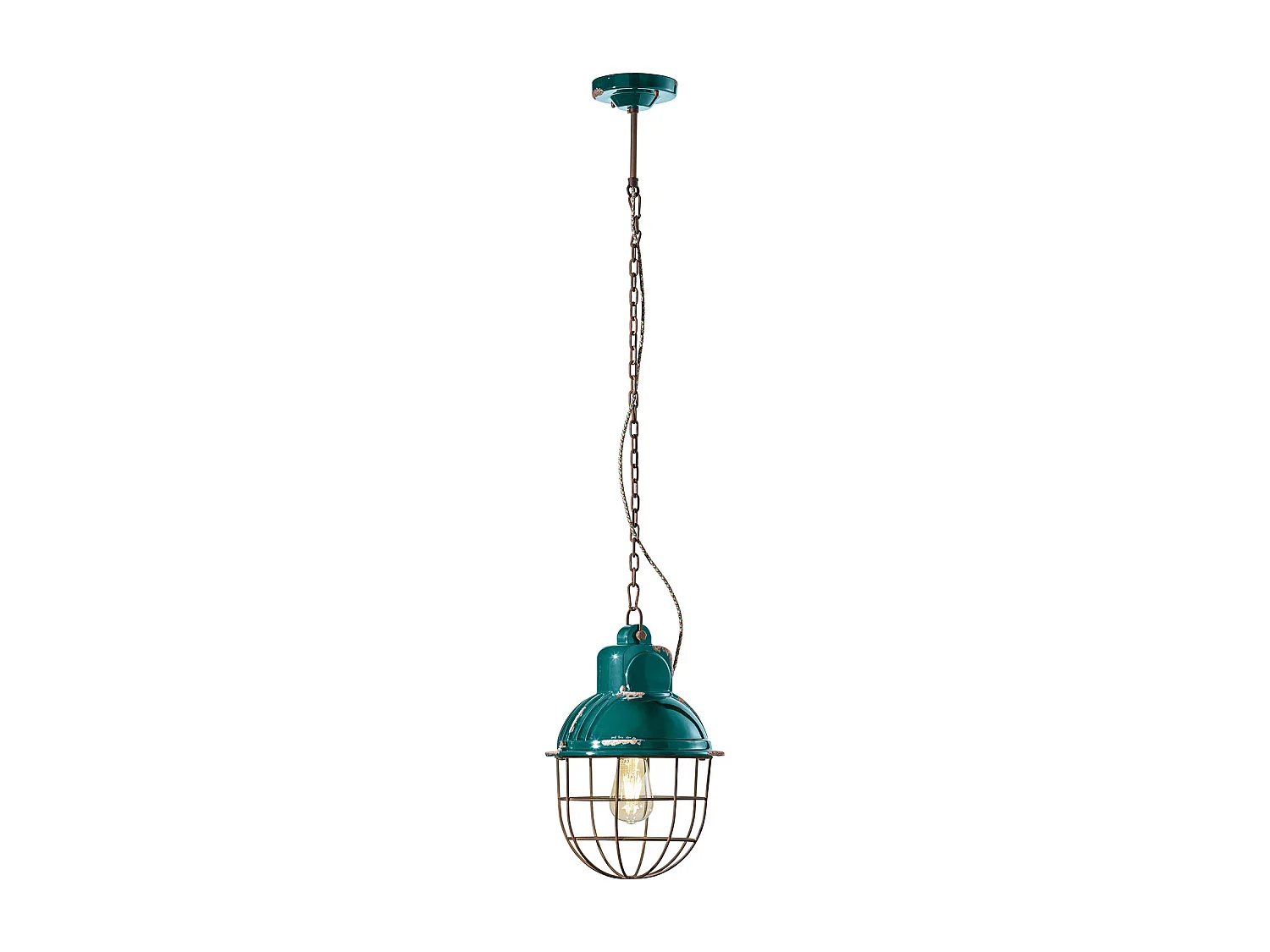 Lampadario Industrial Ferro E Ceramica Con Rete Vintage Verde 1 Luce E27 26Cm