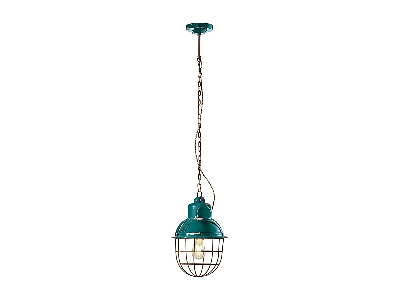 Lampadario Industrial Ferro E Ceramica Con Rete Vintage Verde 1 Luce E27 26Cm