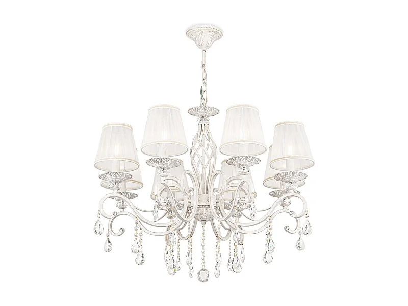 Grace Kronleuchter Weiß mit Gold & Kristall, mit Schirmen, 8 Licht, E14