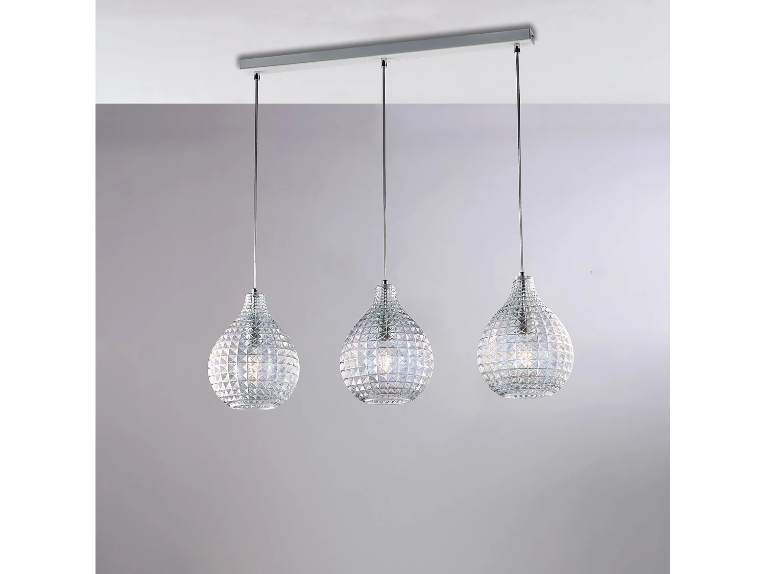 Sospensione 3 Luci Diamante A Binario Ferro Bianco E Vetro Soffiato Trasparente