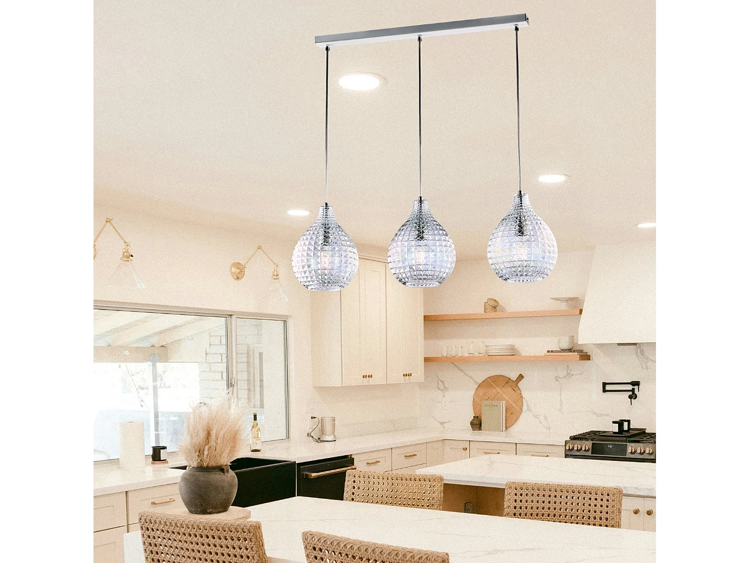 Sospensione 3 Luci Diamante A Binario Ferro Bianco E Vetro Soffiato Trasparente