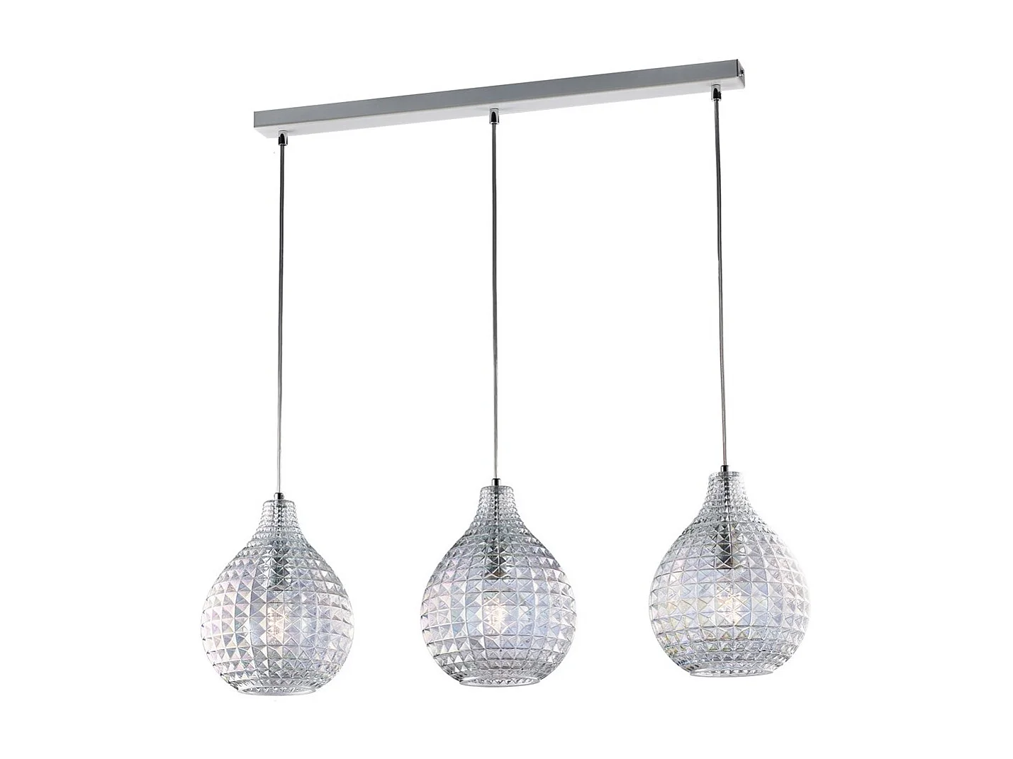 Sospensione 3 Luci Diamante A Binario Ferro Bianco E Vetro Soffiato Trasparente