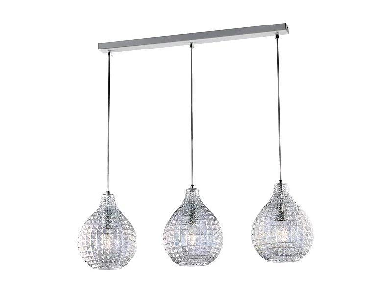 Rail Diamante blanc, cadre chromé, verre soufflé transparent effet cristal, câbles réglables, 3 lumières modernes