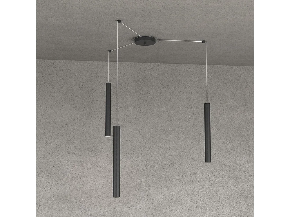 Round Tube Sospensione 3 Luci Nero Cavo Cm.250 Con Base