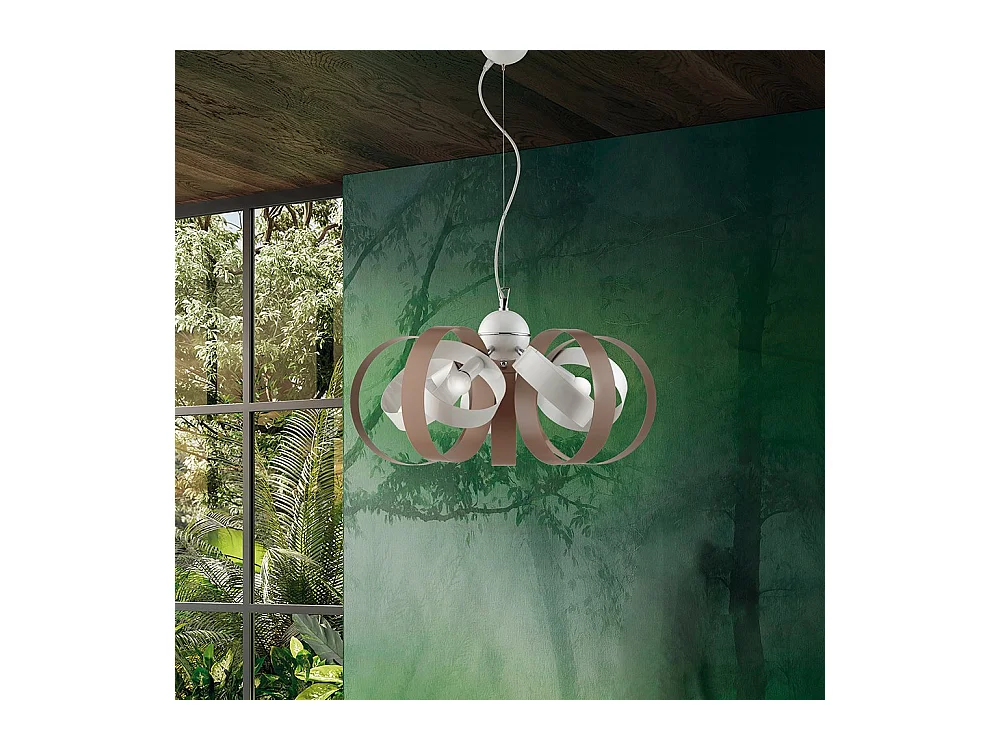 Lampadario Moderno 5 Luci Cerchi Ferro Bianco e Tortora Serie Bolla