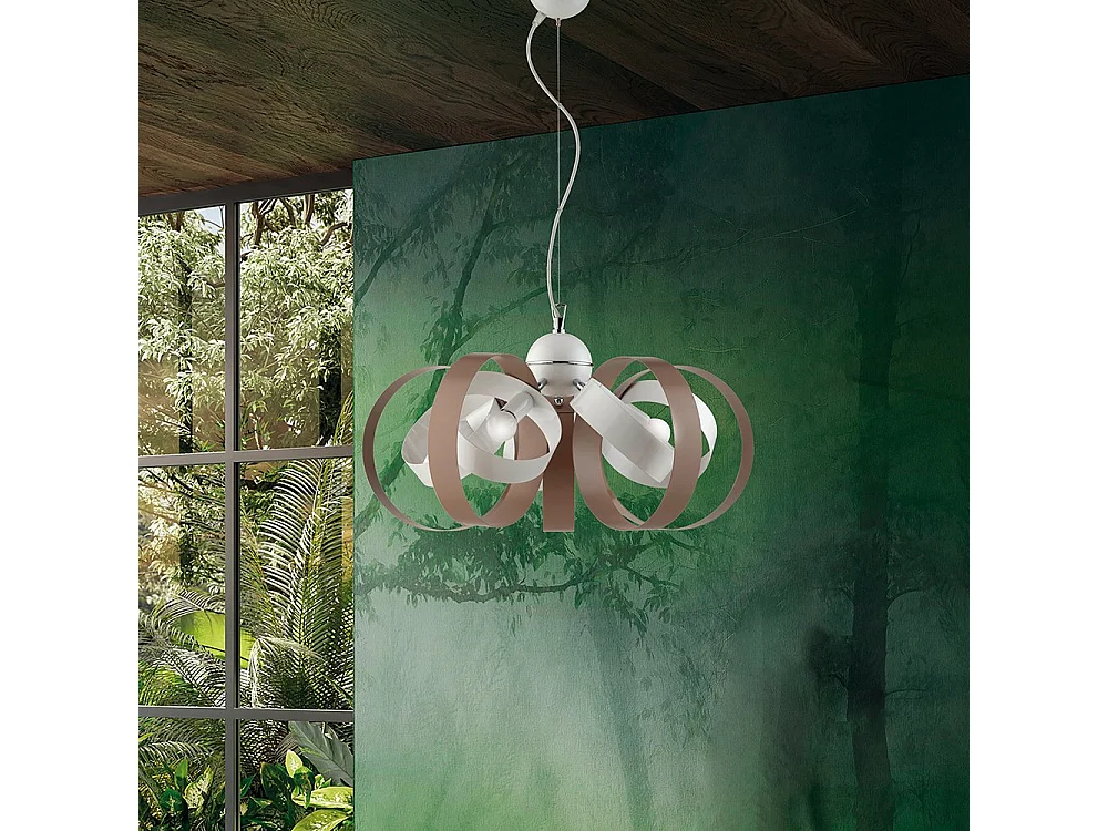 Lampadario Moderno 5 Luci Cerchi Ferro Bianco e Tortora Serie Bolla