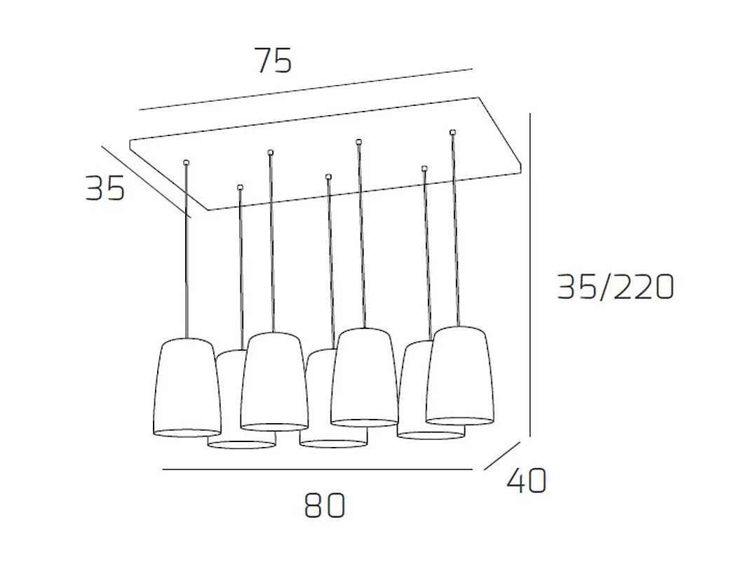 Sospensione Cromo Rettangolare 7 Luci (4 Am + 3 Ra)