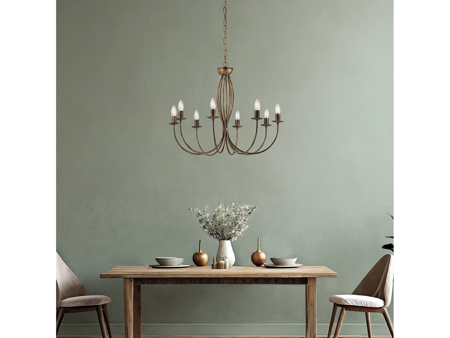 Botte Lustre en fer laqué marron décor or vieilli 8 lumières 120 d.74 BL147-8-BR