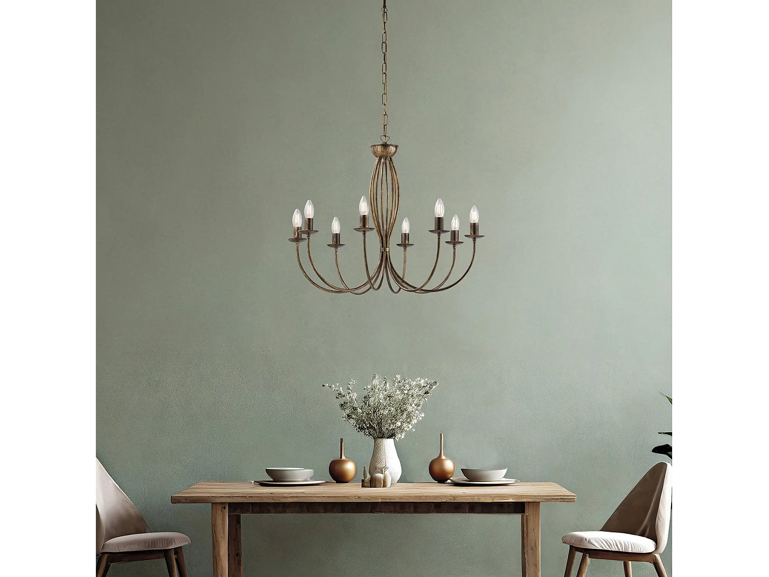 Lampadario Rustico Botte 8 Luci In Ferro Battuto Marrone E Oro