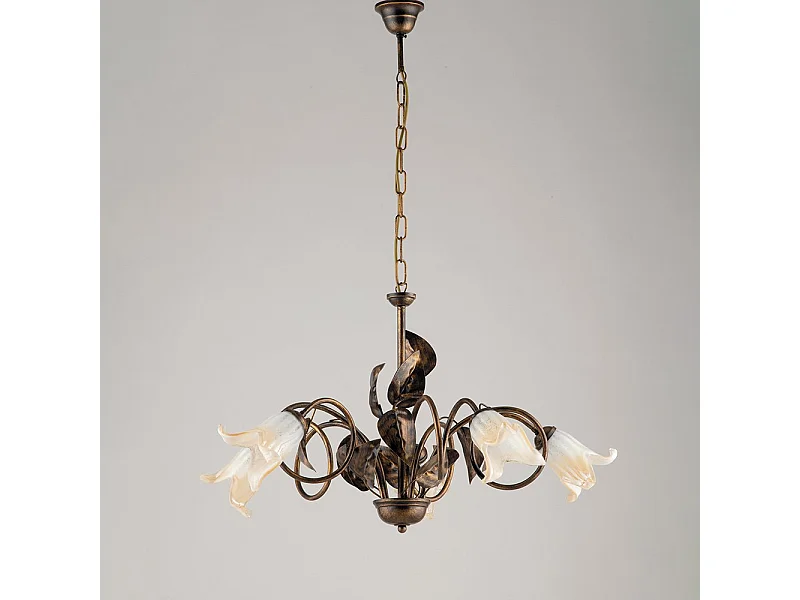Lampadario Classico 5 Luci con Foglie Ferro Battuto e Vetro Bronzo Serie Limone