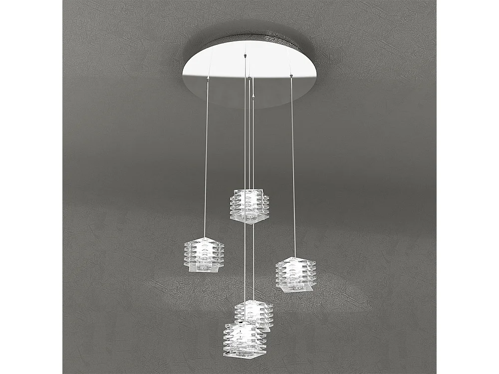 Sospensione Contemporanea Rubik Metallo Cromo Diffusore Cristallo 5 Luci G9