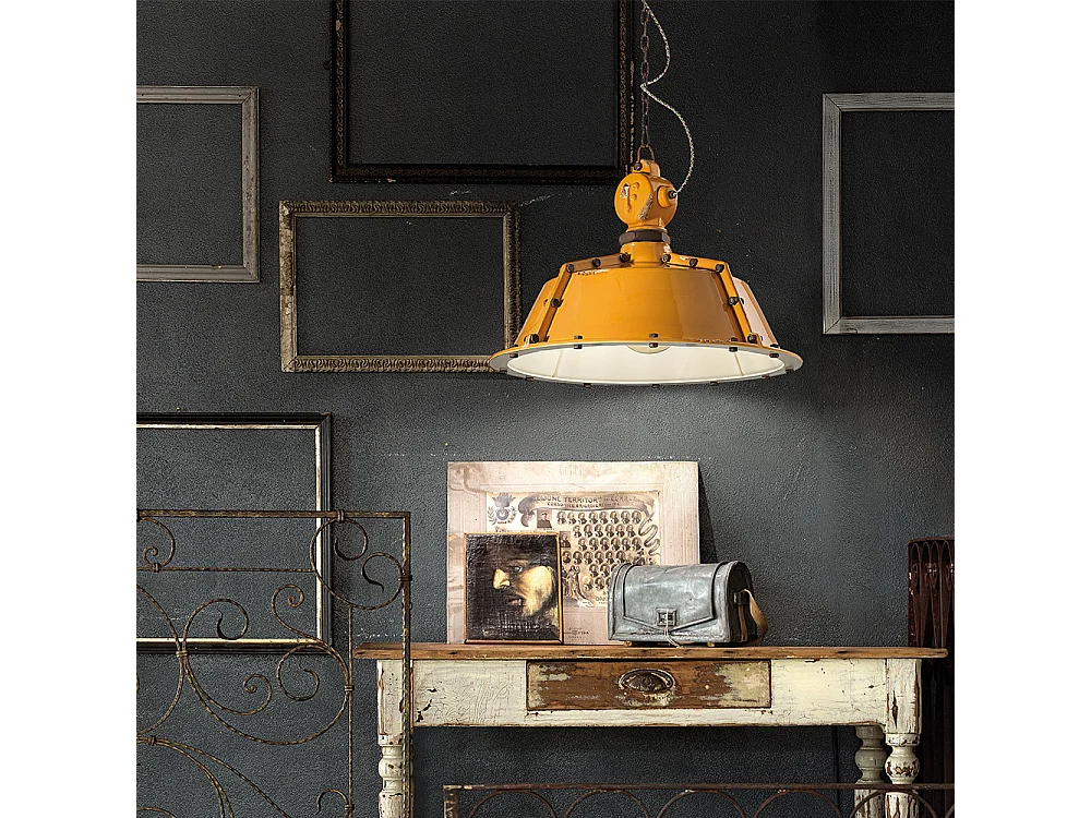 Lampadario Industrial Ferro E Ceramica Vintage Giallo 1 Luce E27 52Cm