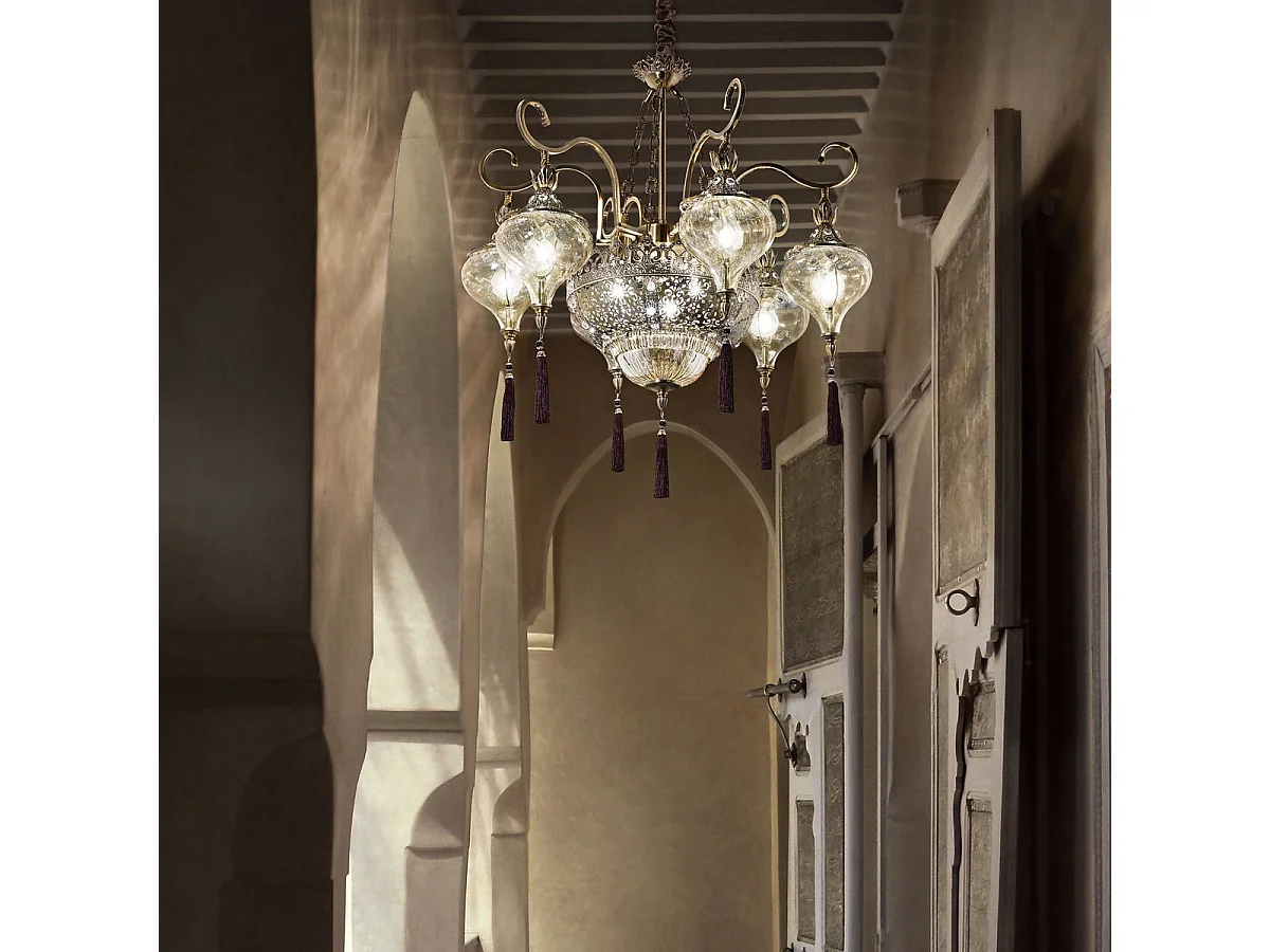 Ideal Lux Harem - Lampadario a 9 luci multibraccio ambra, finitura ottone antico, attacco E27