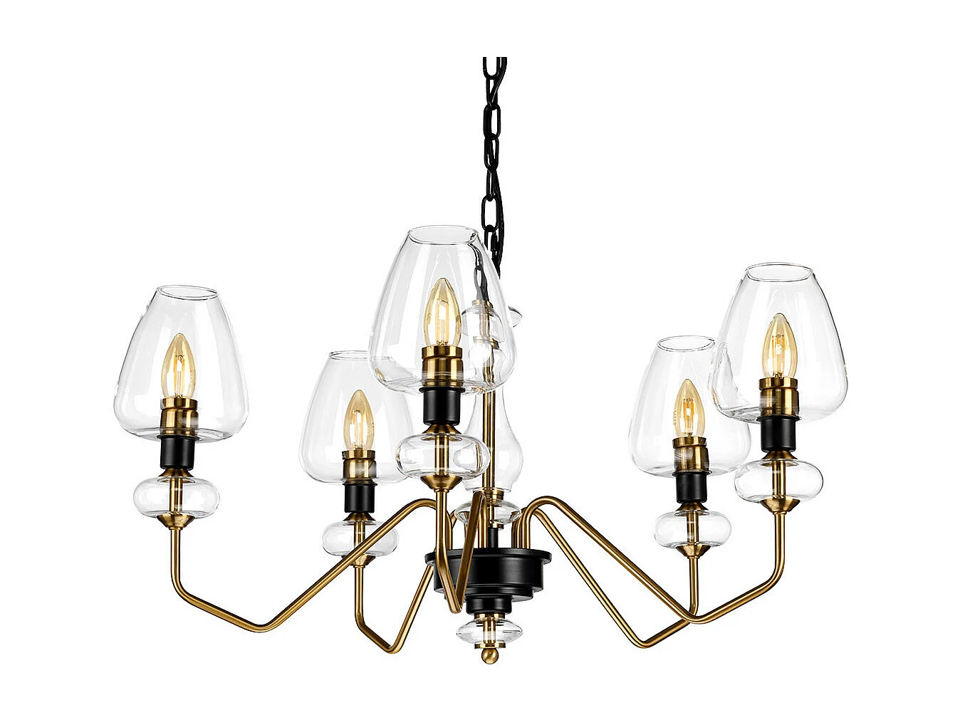 Lustre à 5 ampoules Armand, laiton vieilli, abat-jour en verre