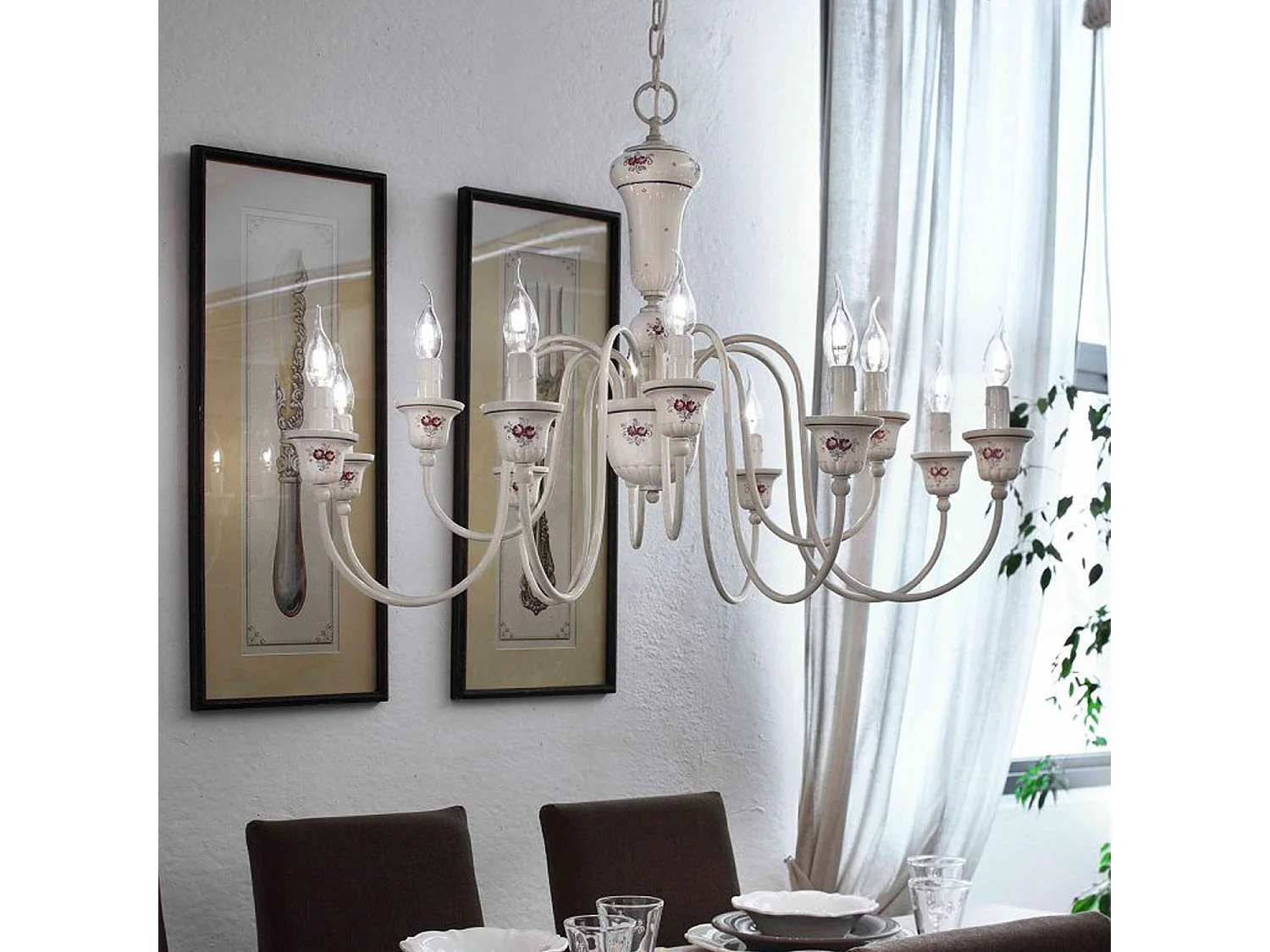 Lampadario Classico Sanremo Metallo Ceramica Bianco Filo Blu 12 Luci E14