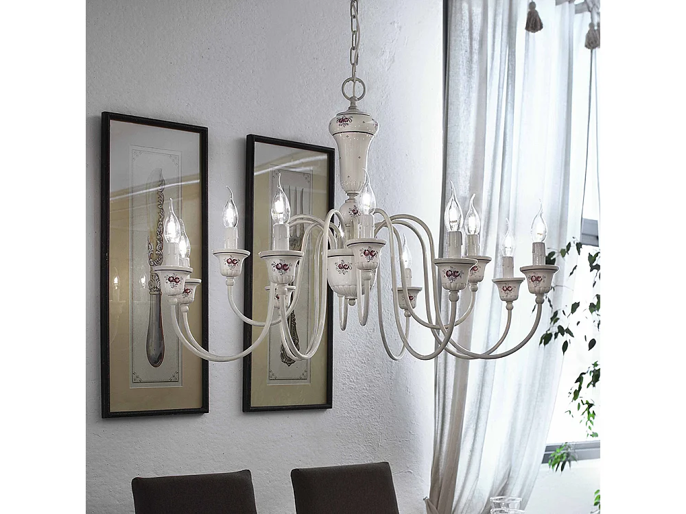 Lampadario Classico Sanremo Metallo Ceramica Bianco Sfumato Argento 12 Luci E14
